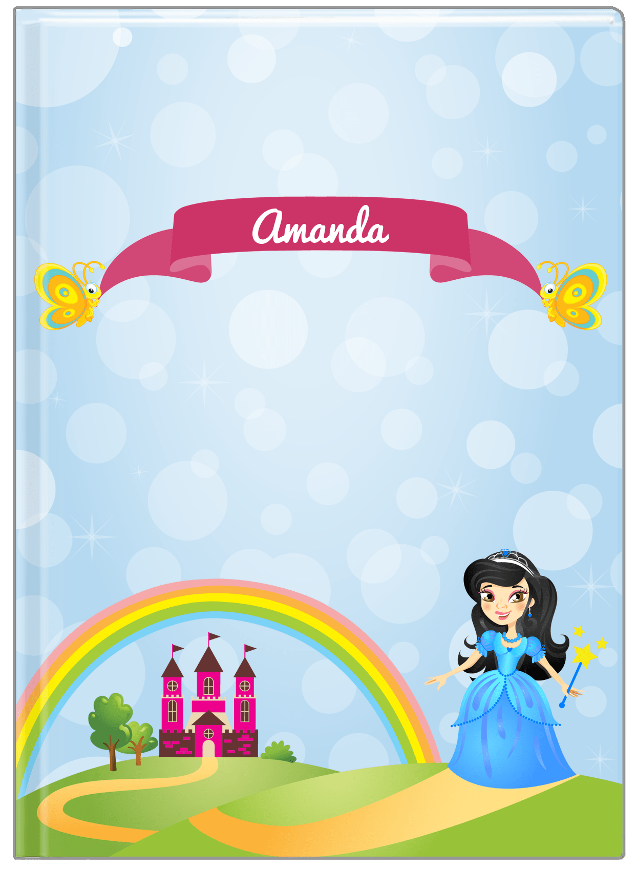 Personalized Princess Journal IV - Blue Background - Black Hair Princess - Front View