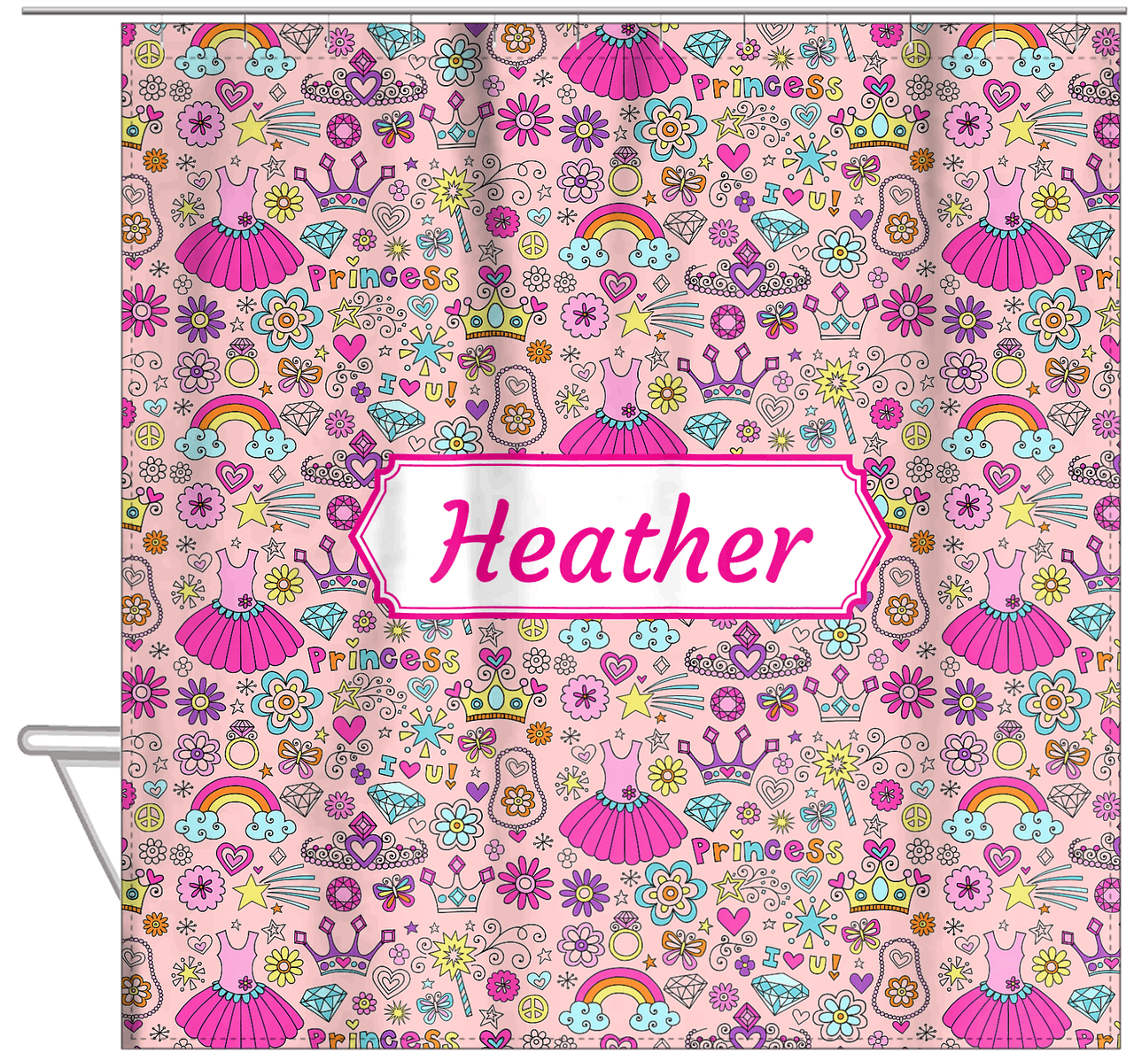 Personalized Princess Shower Curtain I - Pink Background - Decorative Rectangle Nameplate - Hanging View
