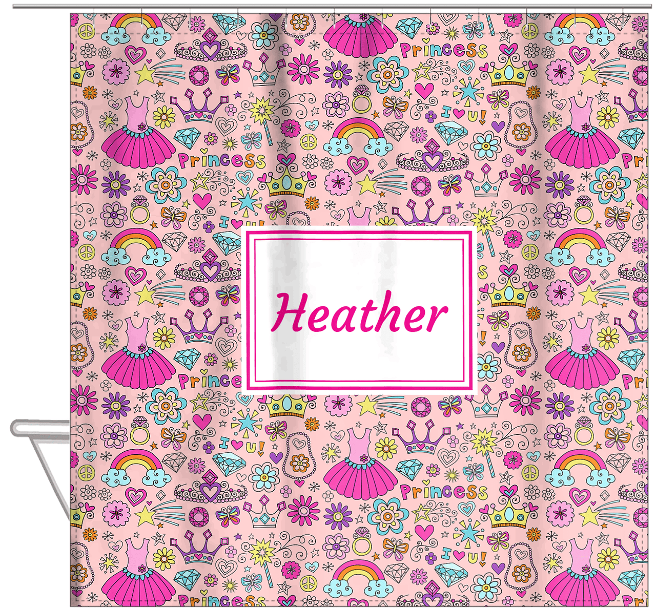 Personalized Princess Shower Curtain I - Pink Background - Rectangle Nameplate - Hanging View