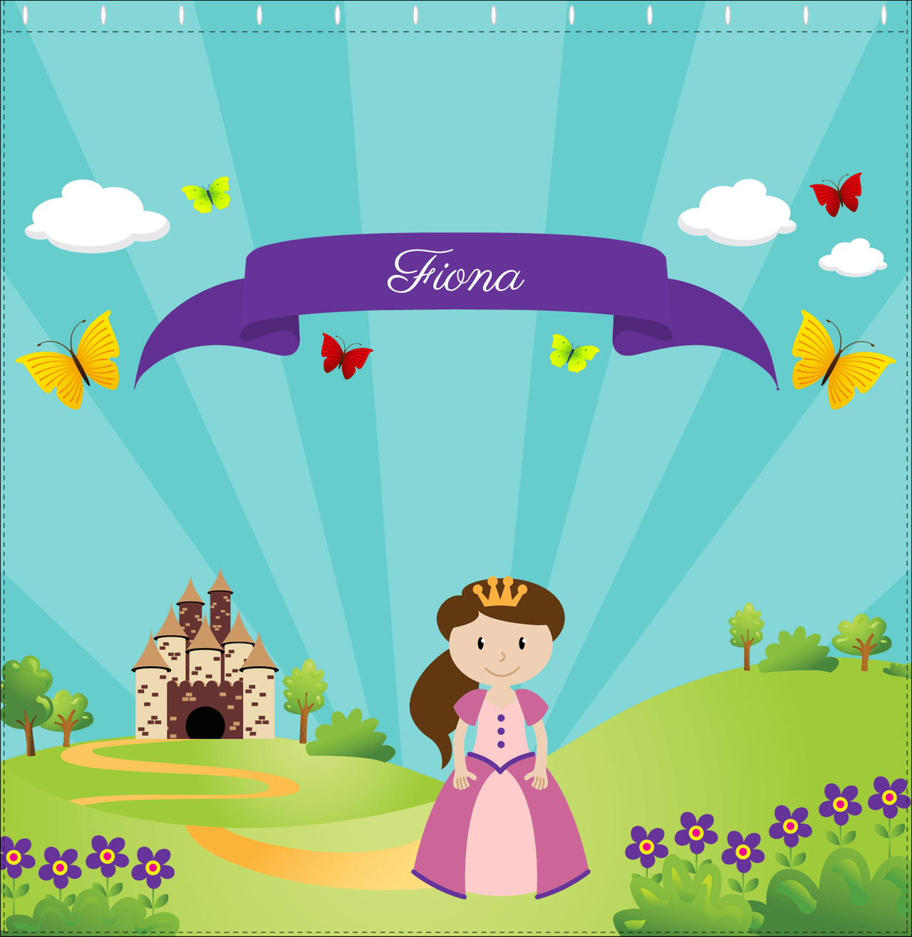 Personalized Princess Shower Curtain II - Teal Background - Brunette Princess - Decorate View