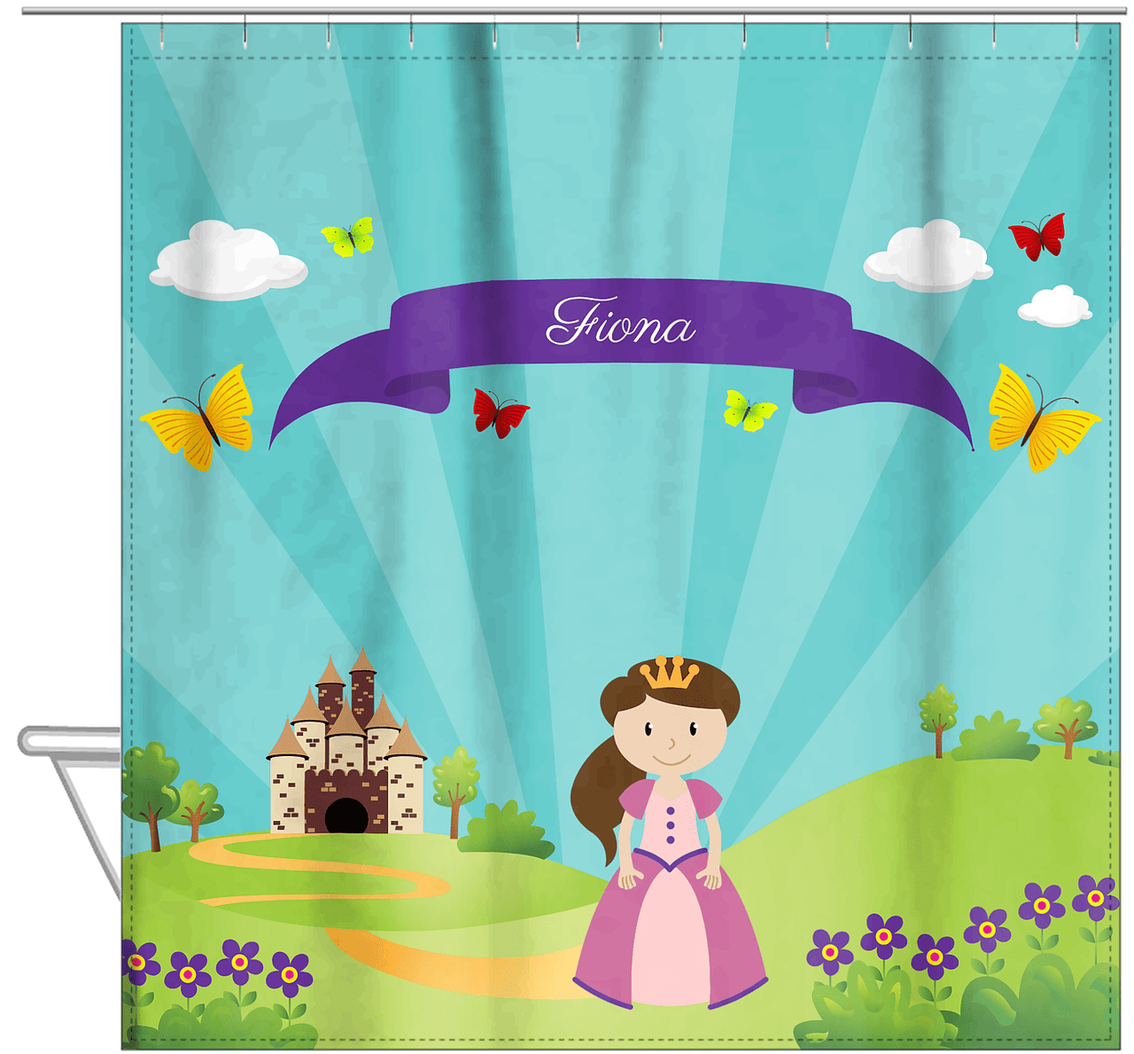 Personalized Princess Shower Curtain II - Teal Background - Brunette Princess - Hanging View