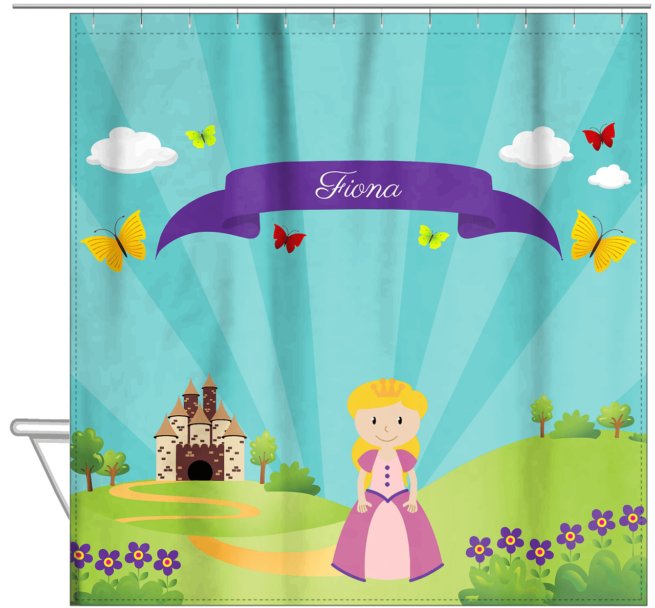 Personalized Princess Shower Curtain II - Teal Background - Blonde Princess - Hanging View
