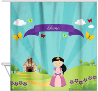 Thumbnail for Personalized Princess Shower Curtain II - Teal Background - Black Hair Princess - Hanging View