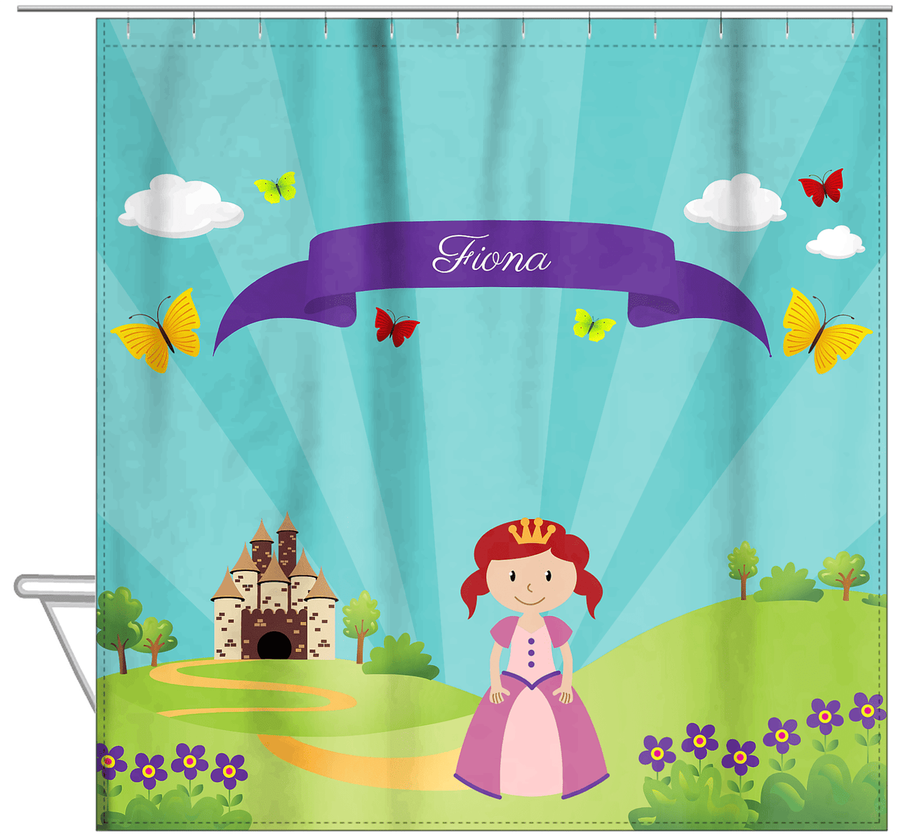 Personalized Princess Shower Curtain II - Teal Background - Redhead Princess - Hanging View