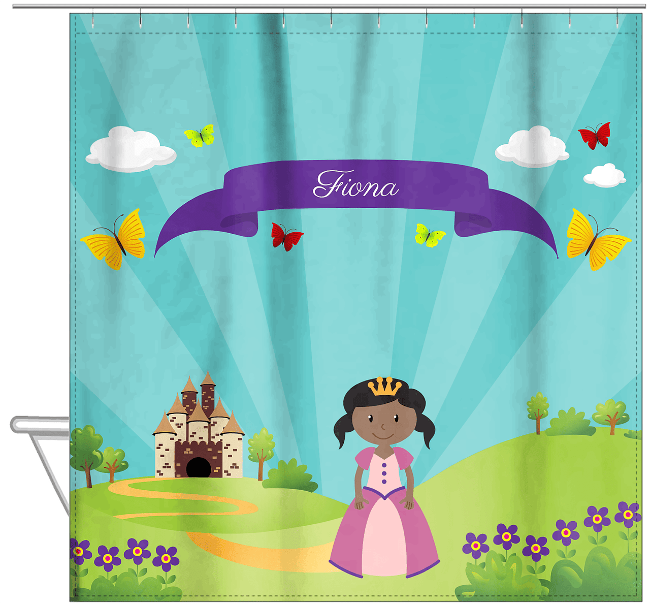 Personalized Princess Shower Curtain II - Teal Background - Black Princess - Hanging View