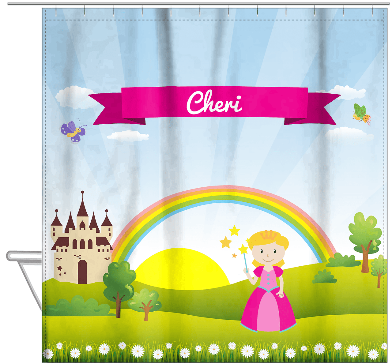 Personalized Princess Shower Curtain III - Blue Background - Blonde Princess - Hanging View