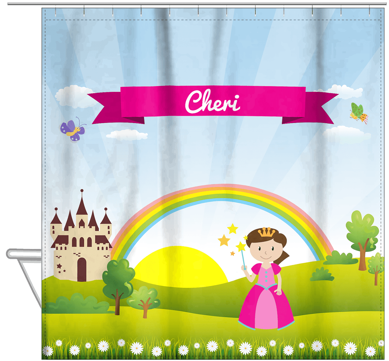 Personalized Princess Shower Curtain III - Blue Background - Brunette Princess - Hanging View
