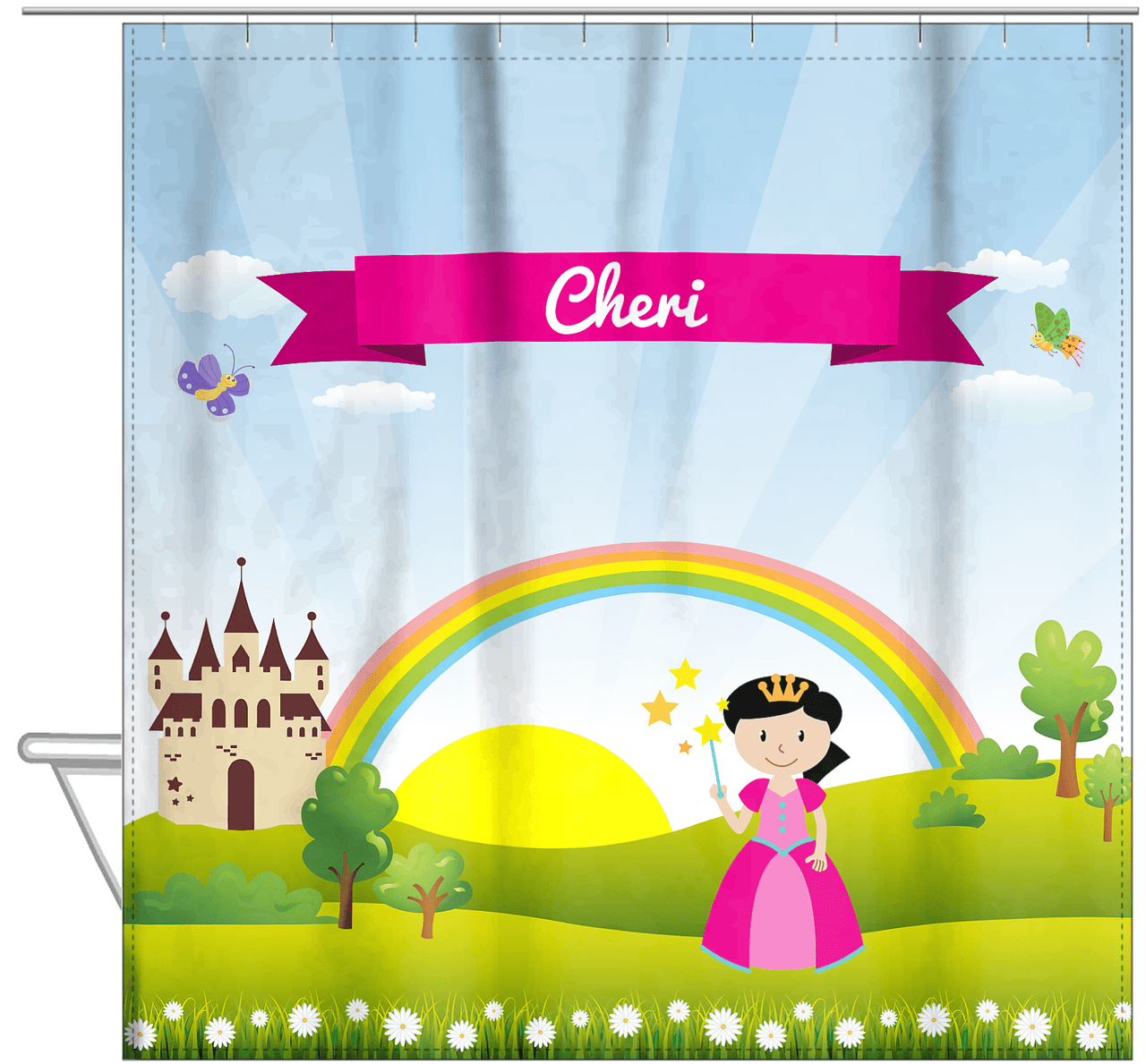 Personalized Princess Shower Curtain III - Blue Background - Black Hair Princess - Hanging View