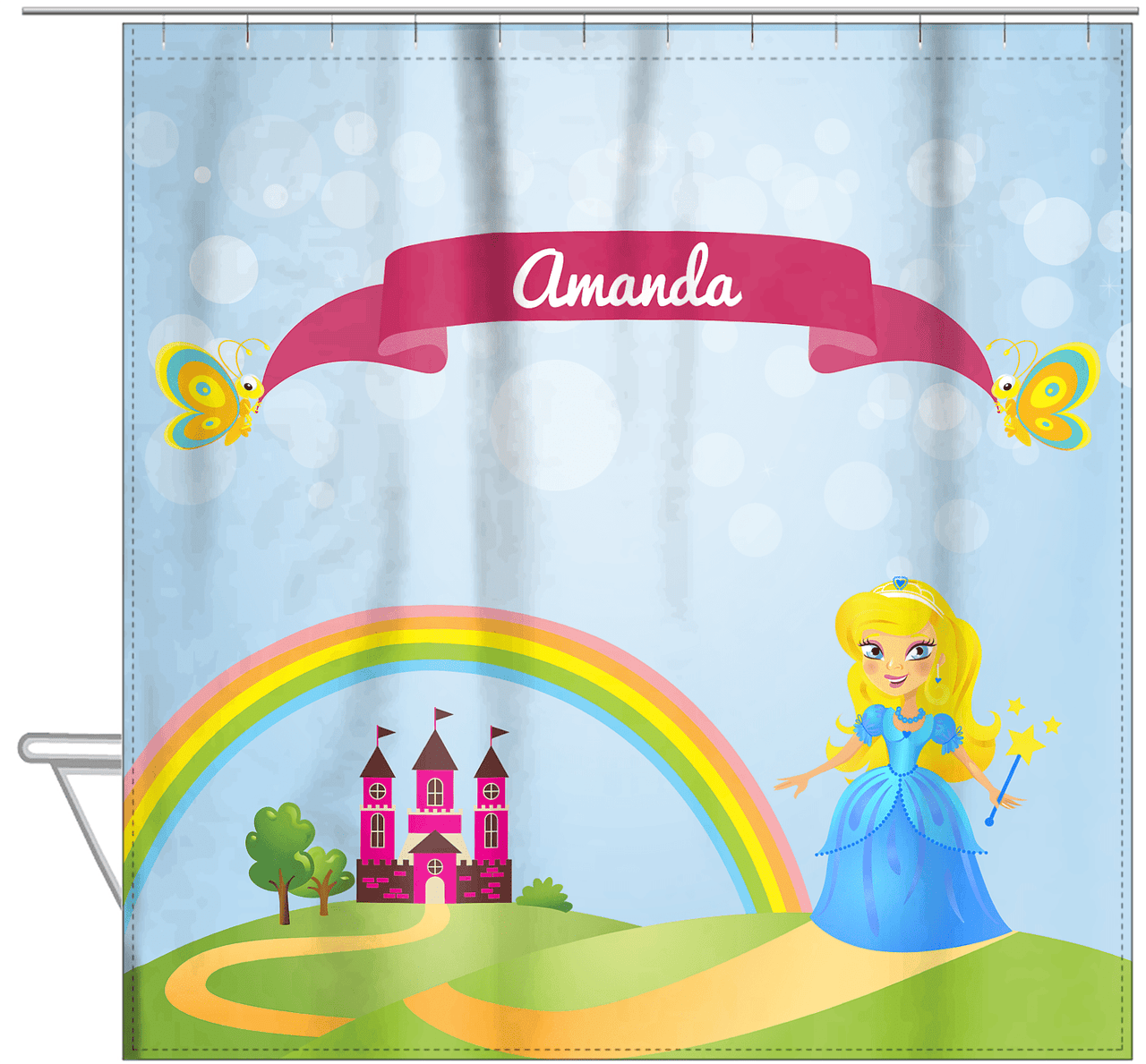 Personalized Princess Shower Curtain IV - Blue Background - Blonde Princess - Hanging View