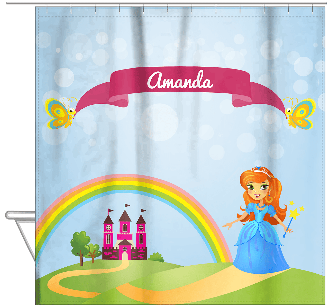 Personalized Princess Shower Curtain IV - Blue Background - Redhead Princess - Hanging View