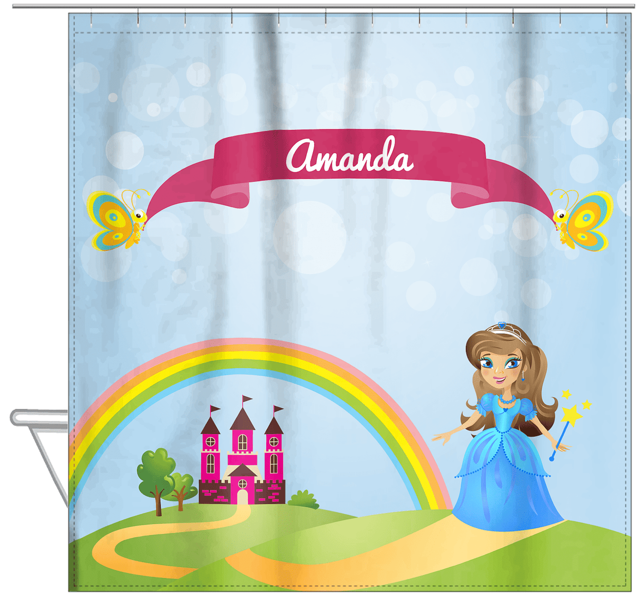 Personalized Princess Shower Curtain IV - Blue Background - Brunette Princess - Hanging View