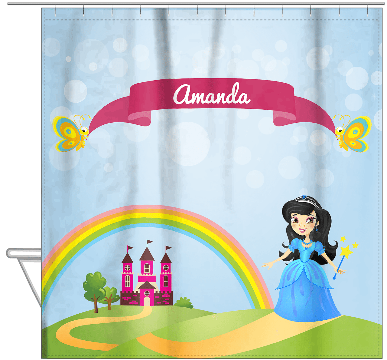 Personalized Princess Shower Curtain IV - Blue Background - Black Hair Princess - Hanging View