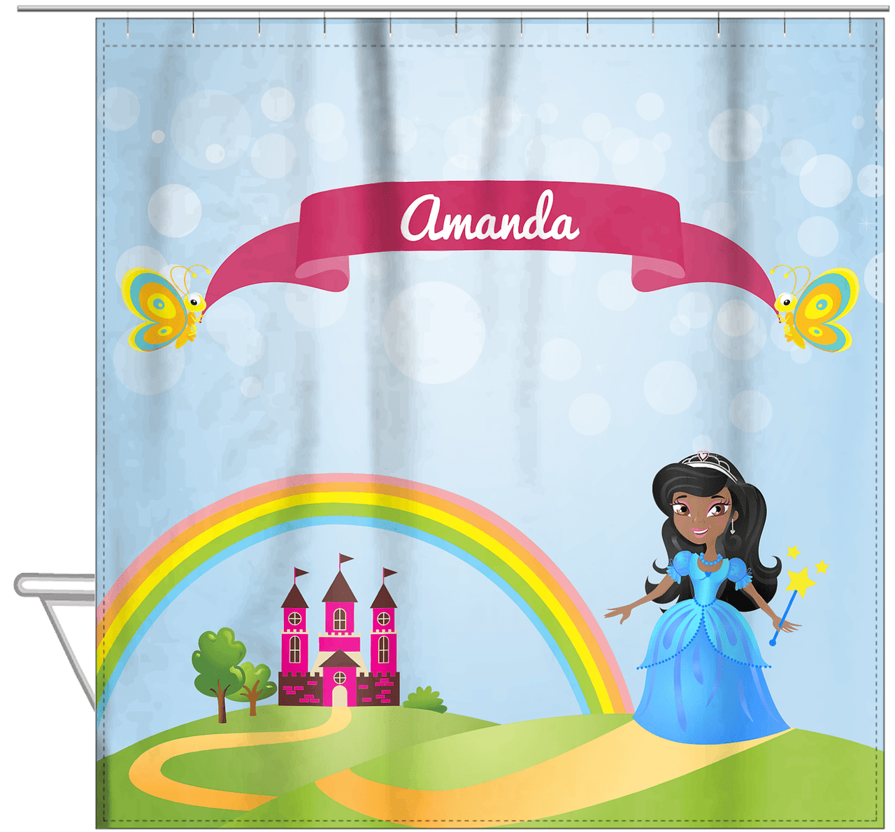 Personalized Princess Shower Curtain IV - Blue Background - Black Princess II - Hanging View