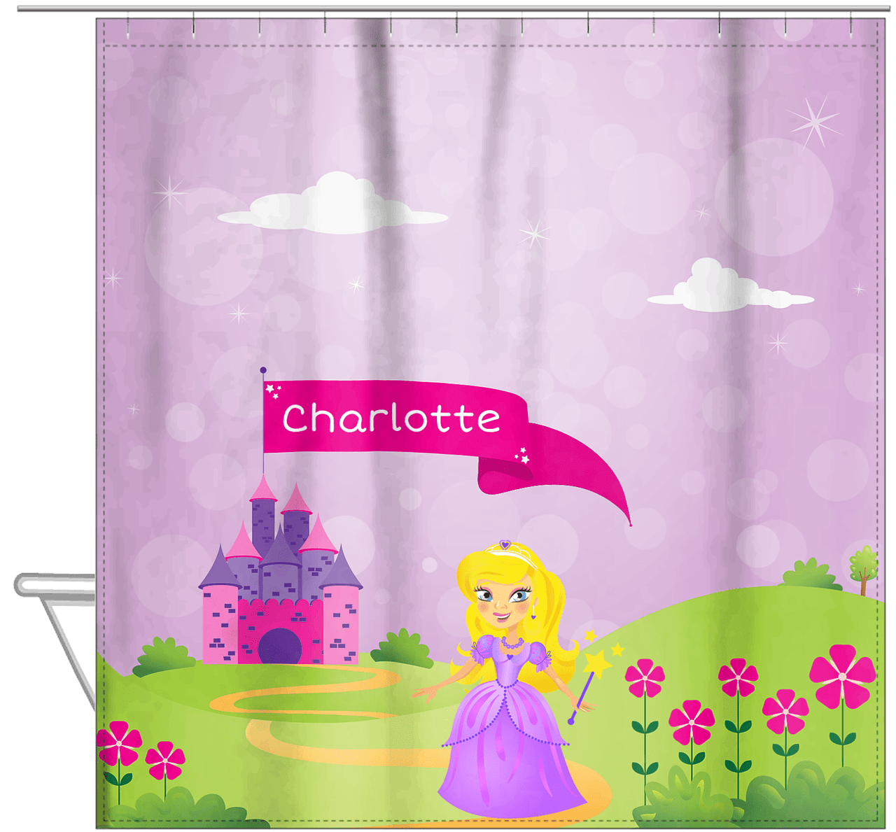 Personalized Princess Shower Curtain V - Purple Background - Blonde Princess - Hanging View