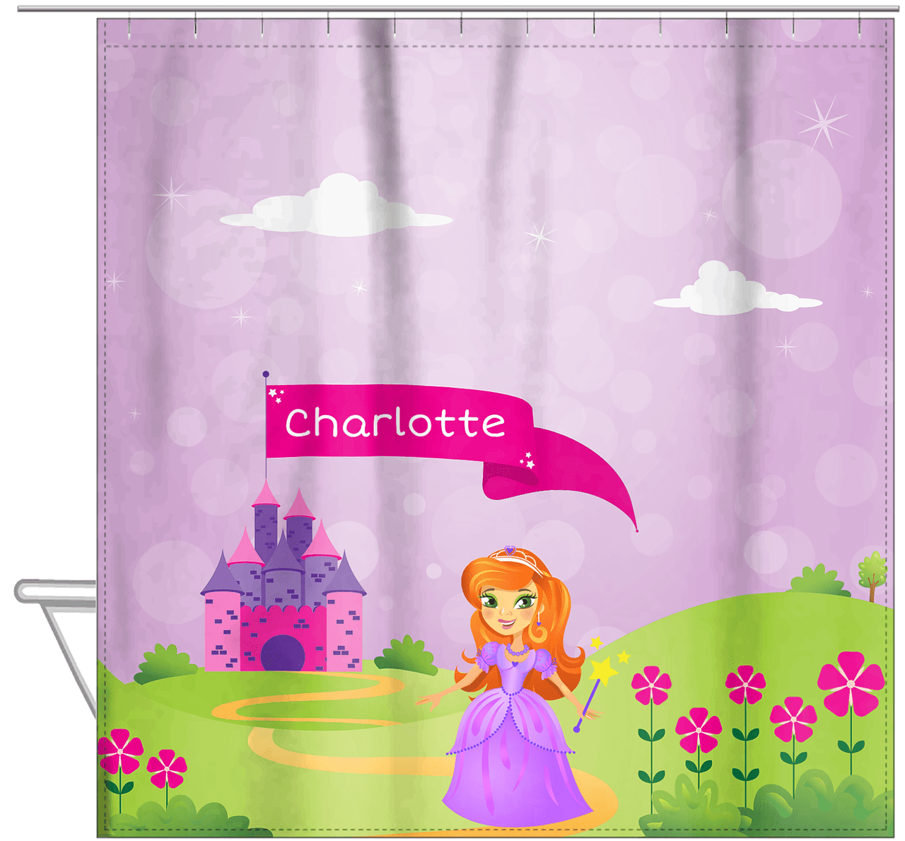 Personalized Princess Shower Curtain V - Purple Background - Redhead Princess - Hanging View