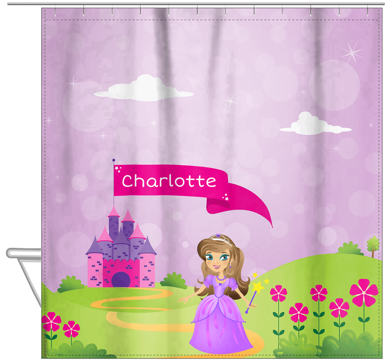 Personalized Princess Shower Curtain V - Purple Background - Brunette Princess - Hanging View