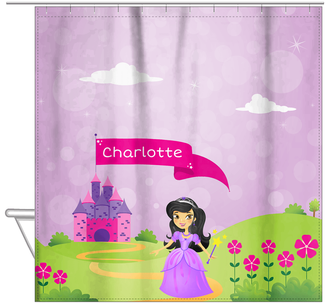 Personalized Princess Shower Curtain V - Purple Background - Asian Princess - Hanging View