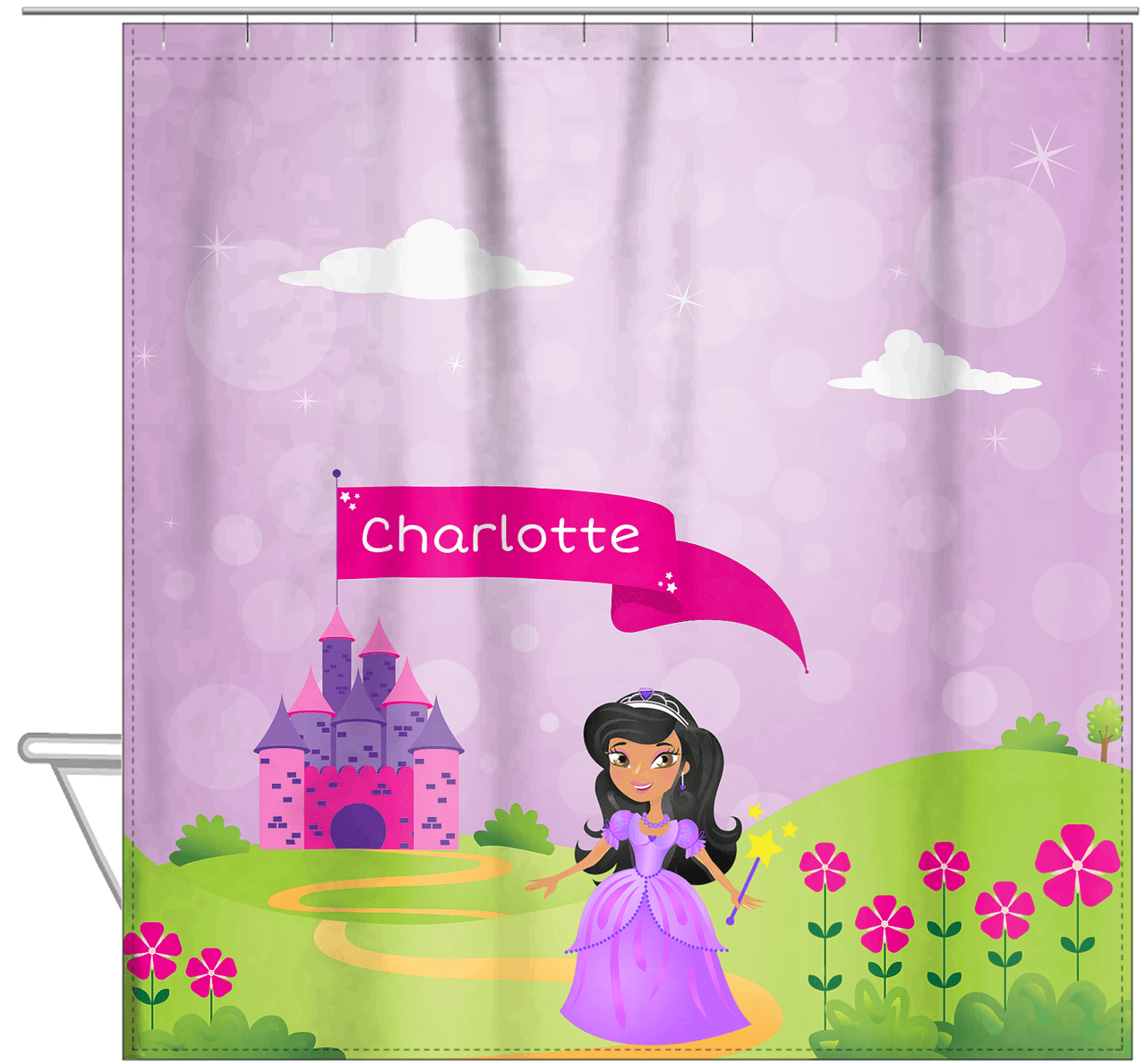 Personalized Princess Shower Curtain V - Purple Background - Black Princess - Hanging View