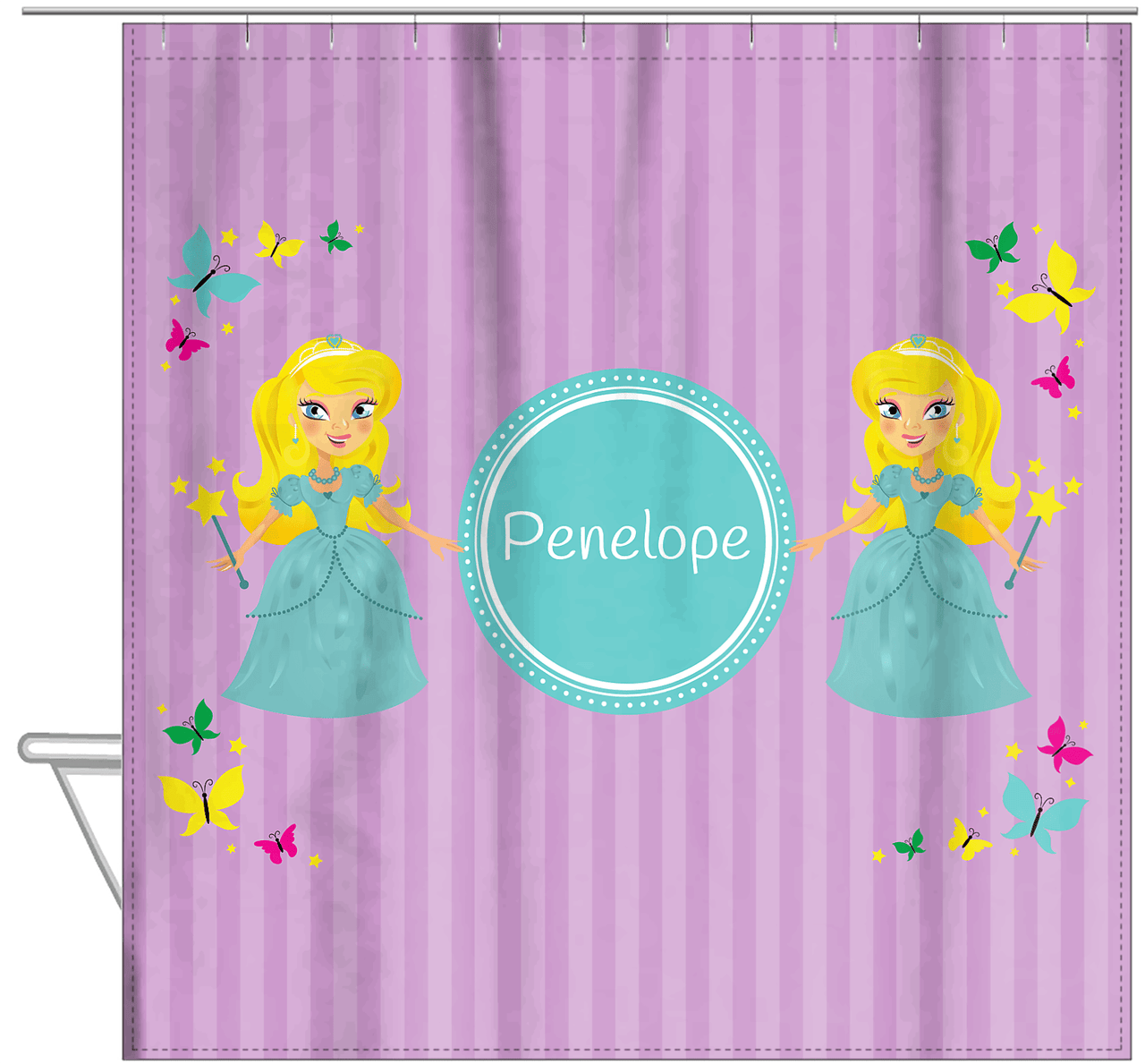 Personalized Princess Shower Curtain VII - Purple Background - Blonde Princess - Hanging View