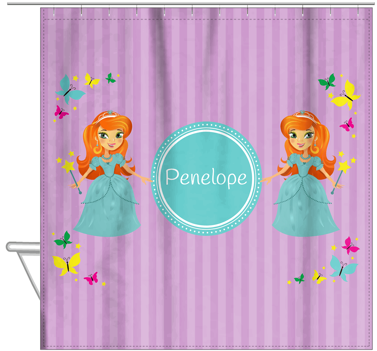 Personalized Princess Shower Curtain VII - Purple Background - Redhead Princess - Hanging View