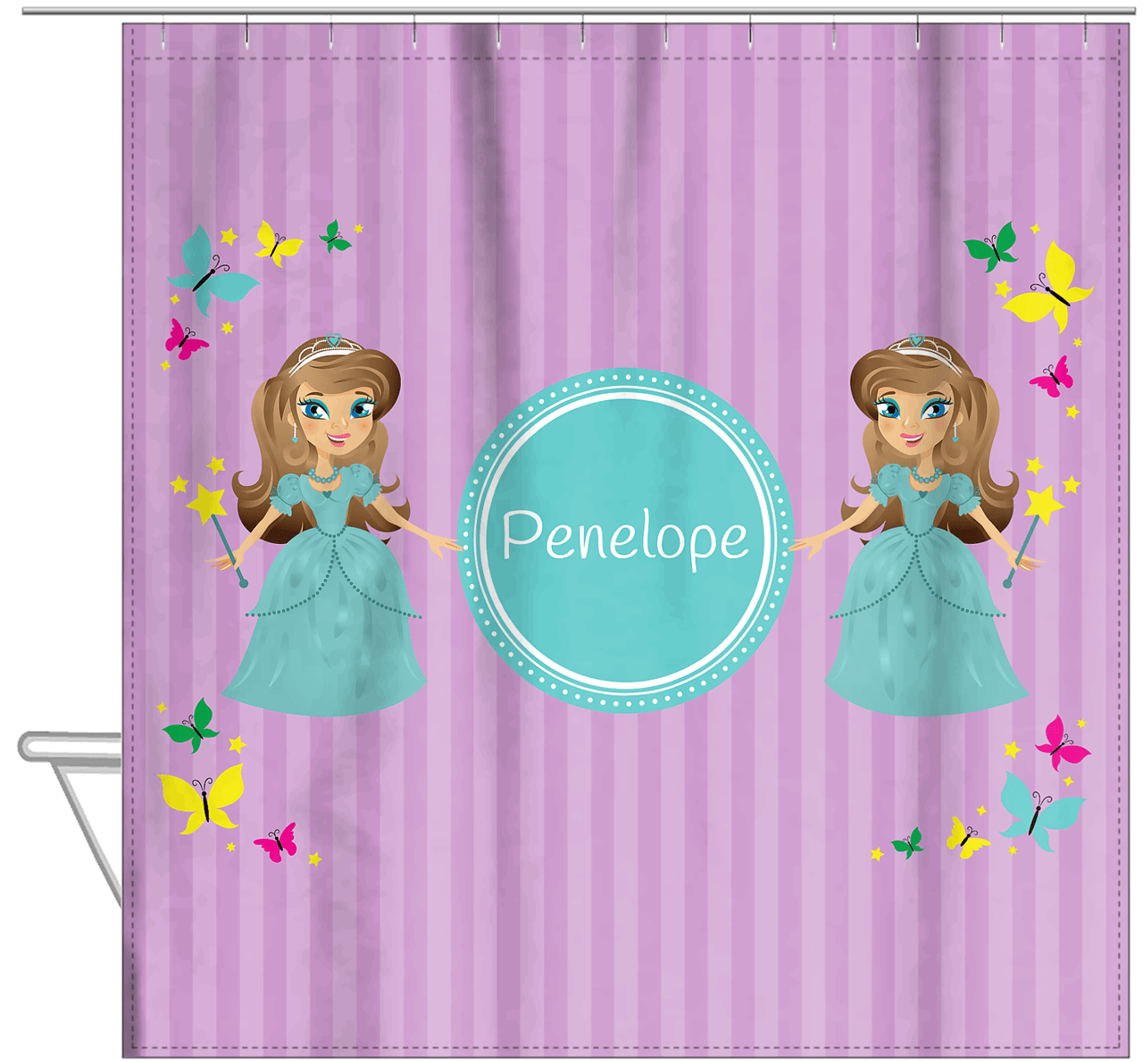Personalized Princess Shower Curtain VII - Purple Background - Brunette Princess - Hanging View