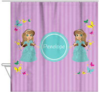 Thumbnail for Personalized Princess Shower Curtain VII - Purple Background - Brunette Princess - Hanging View