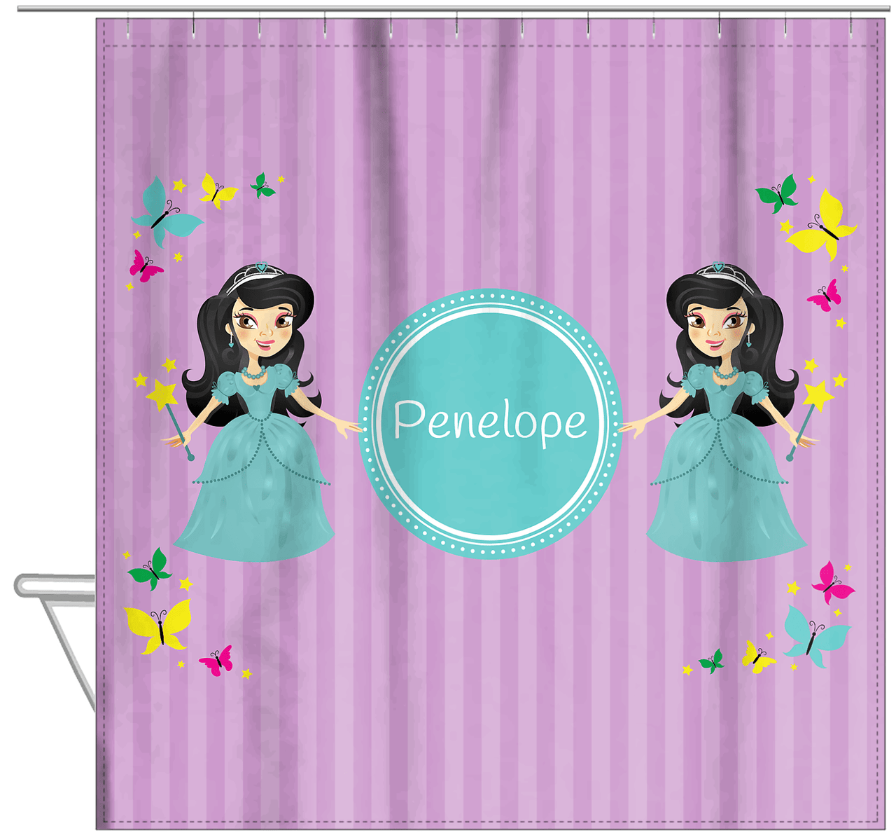 Personalized Princess Shower Curtain VII - Purple Background - Black Hair Princess - Hanging View