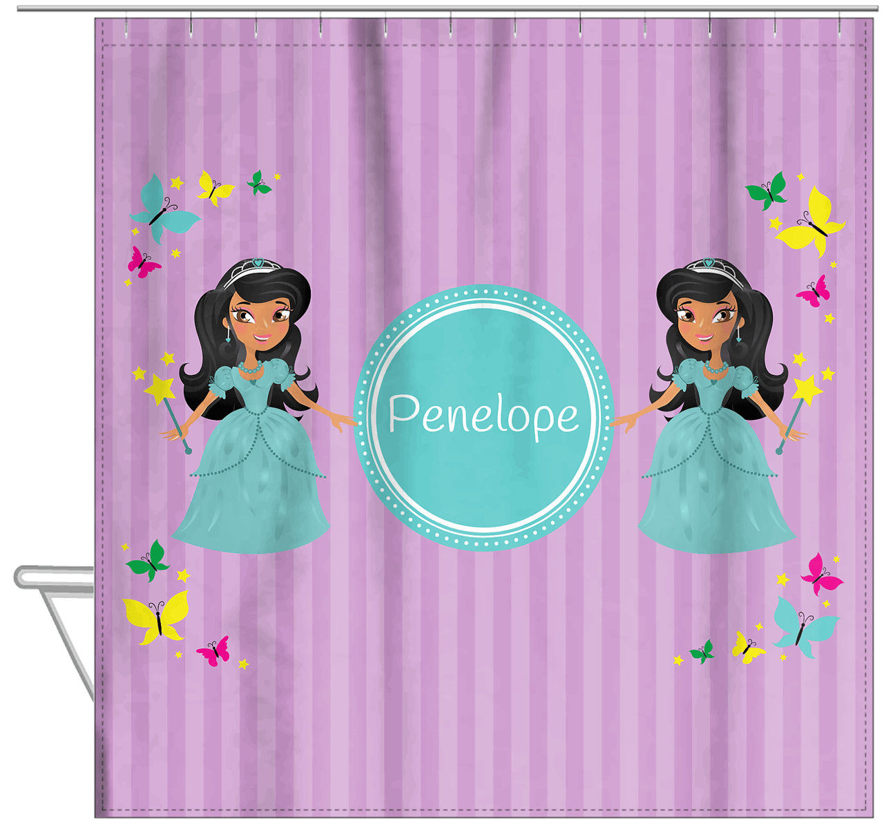 Personalized Princess Shower Curtain VII - Purple Background - Black Princess - Hanging View