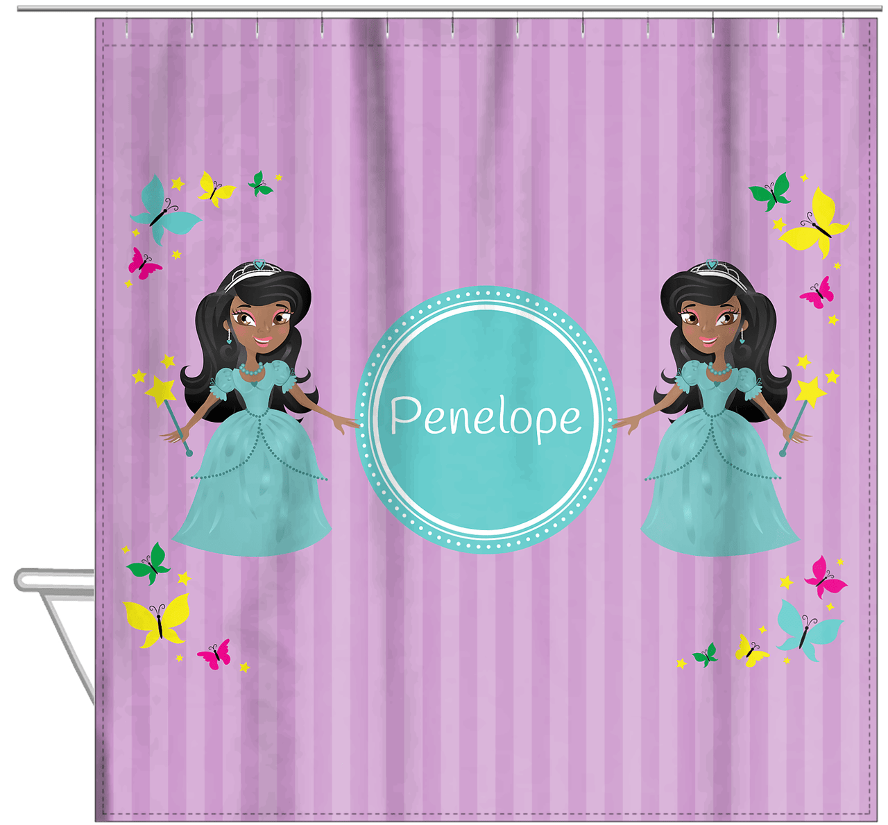 Personalized Princess Shower Curtain VII - Purple Background - Black Princess II - Hanging View