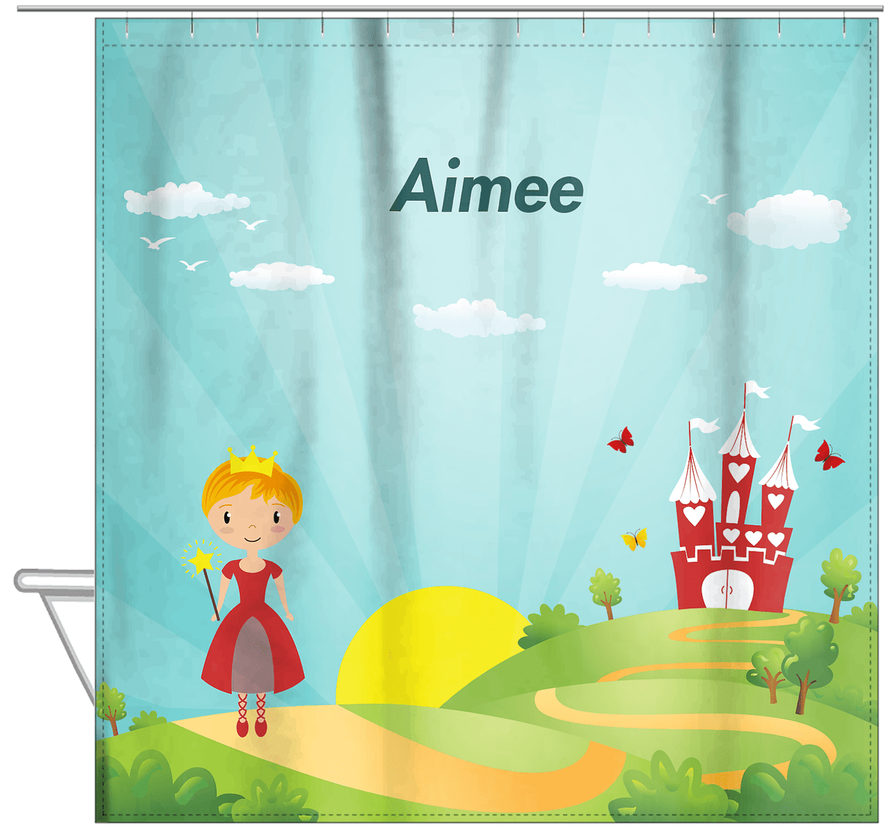 Personalized Princess Shower Curtain VIII - Teal Background - Blonde Princess - Hanging View