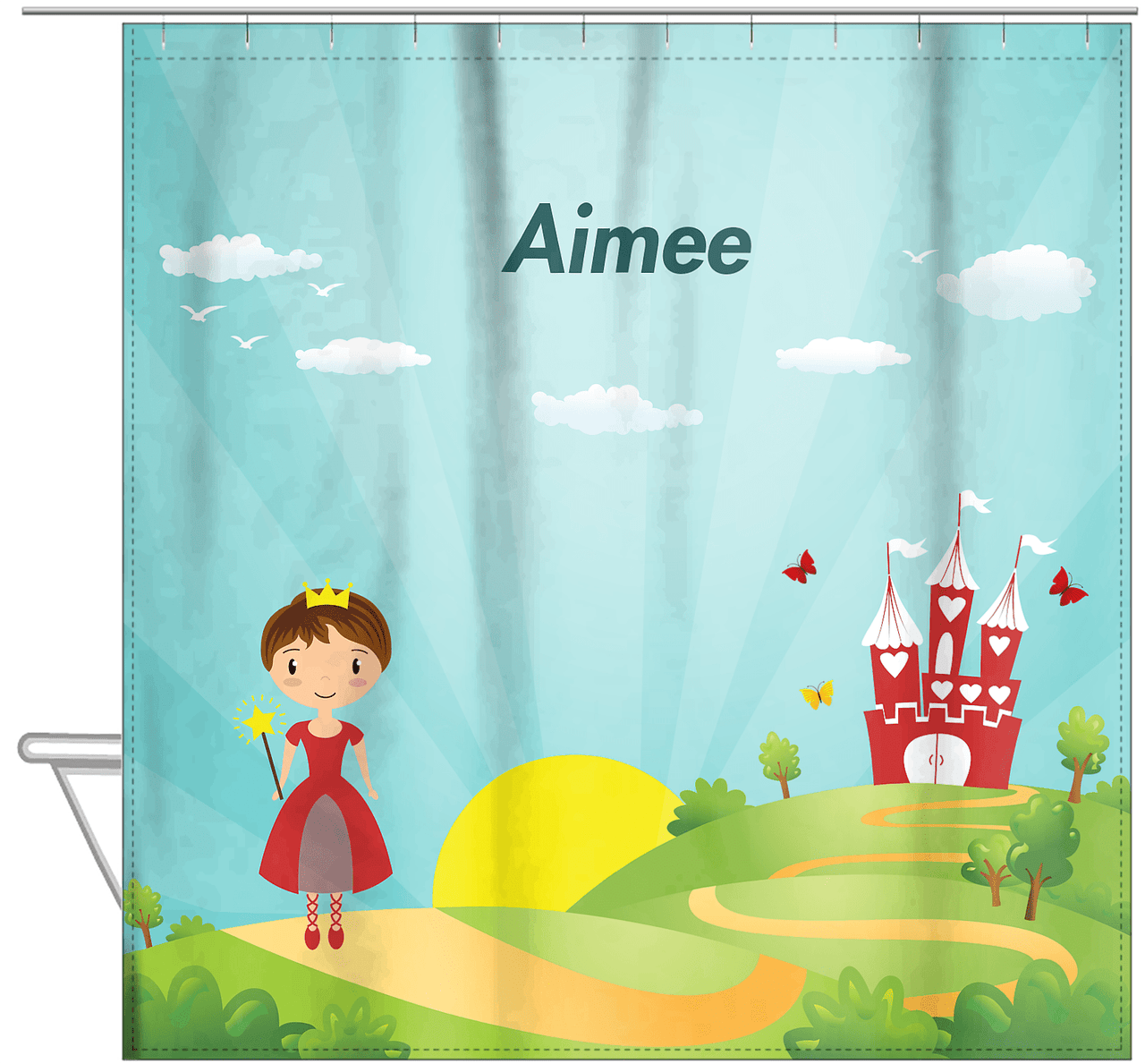 Personalized Princess Shower Curtain VIII - Teal Background - Brunette Princess - Hanging View