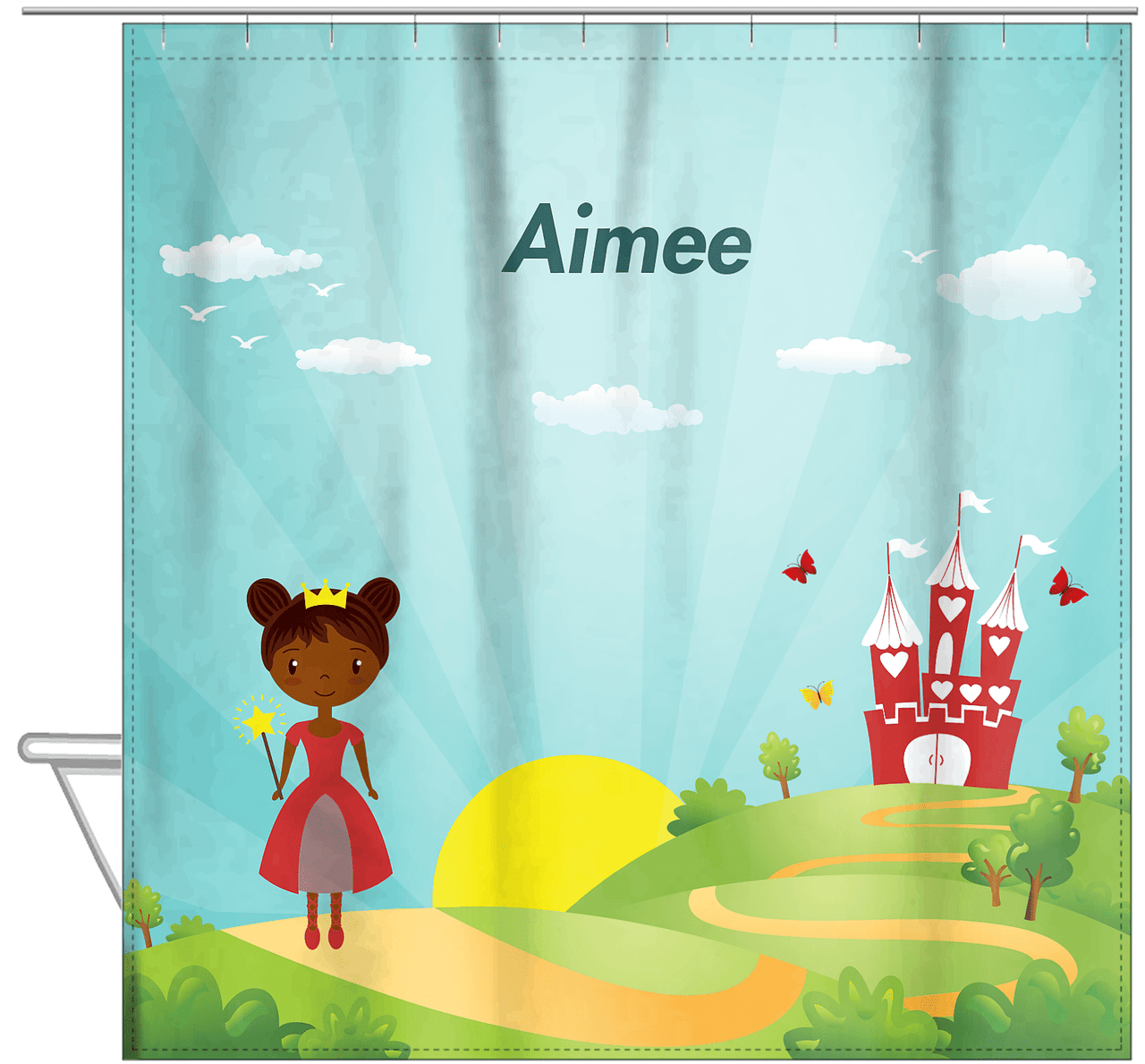 Personalized Princess Shower Curtain VIII - Teal Background - Black Princess - Hanging View