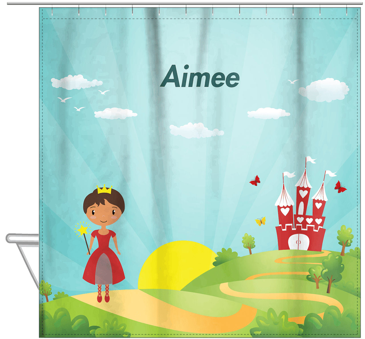 Personalized Princess Shower Curtain VIII - Teal Background - Black Princess II - Hanging View