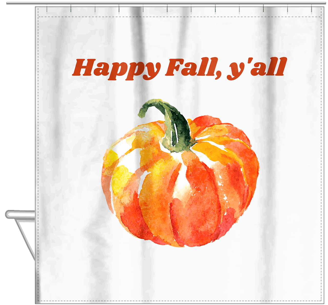 Personalized Pumpkin Shower Curtain - White Background - Text Above Pumpkin - Hanging View