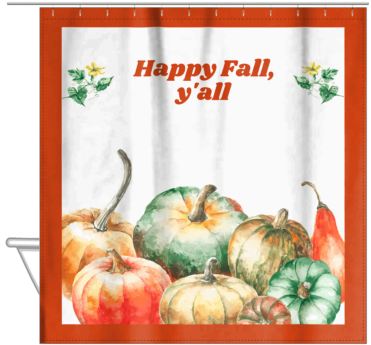 Personalized Pumpkin Shower Curtain - White Background - Pumpkins with Frame I - Hanging View