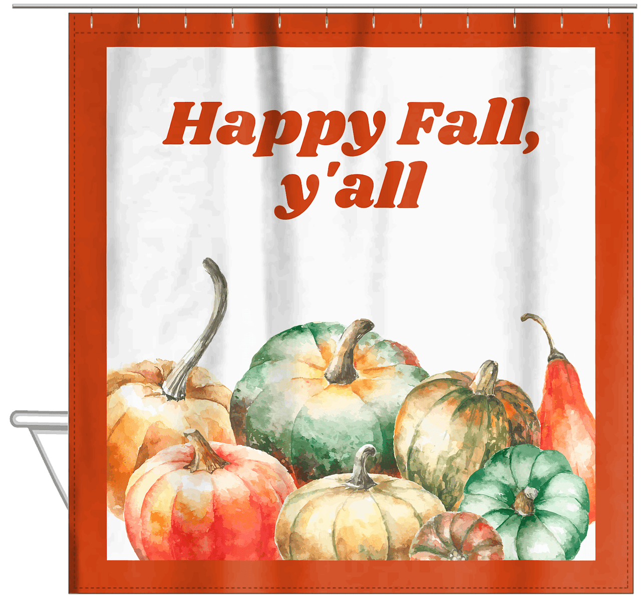Personalized Pumpkin Shower Curtain - White Background - Pumpkins with Frame II - Hanging View