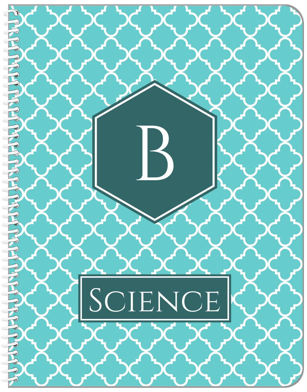 Personalized Quatrefoil Notebook - Teal and White - Hexagon Nameplate - Front View