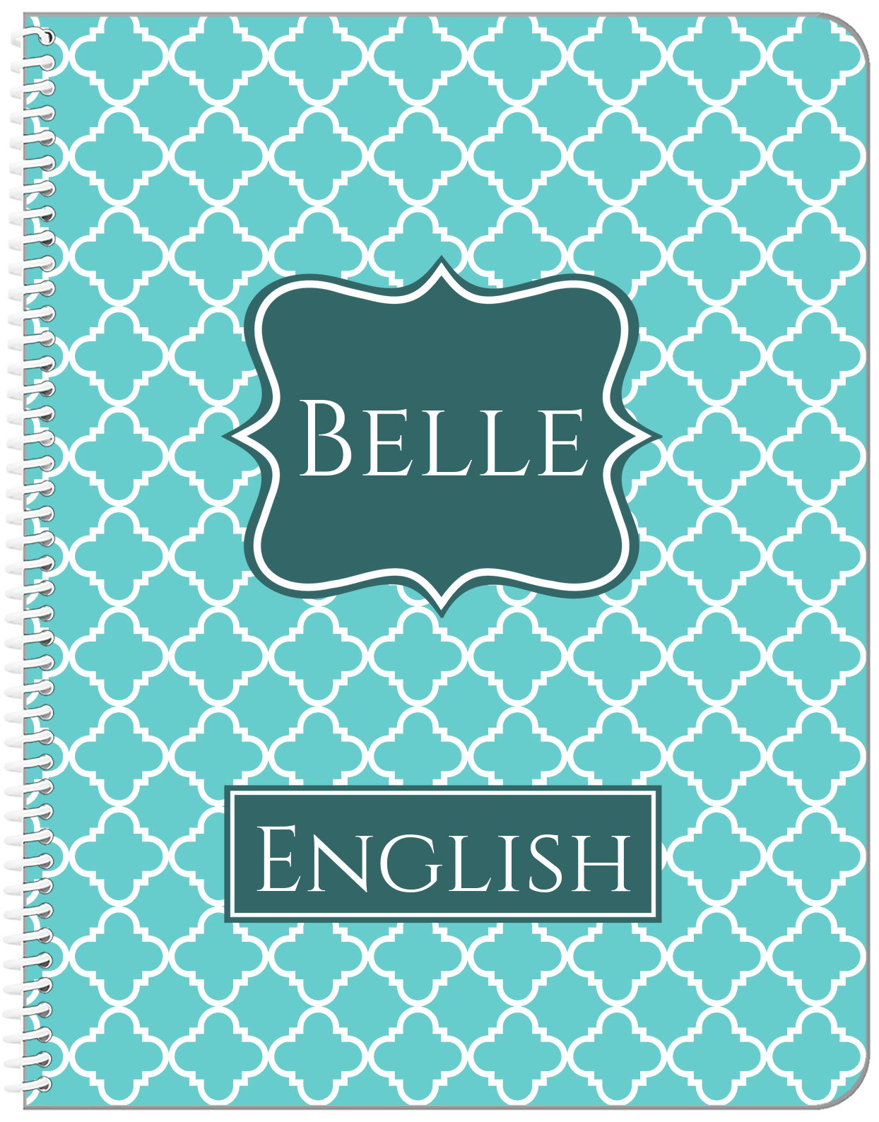 Personalized Quatrefoil Notebook - Teal and White - Fancy Nameplate - Front View