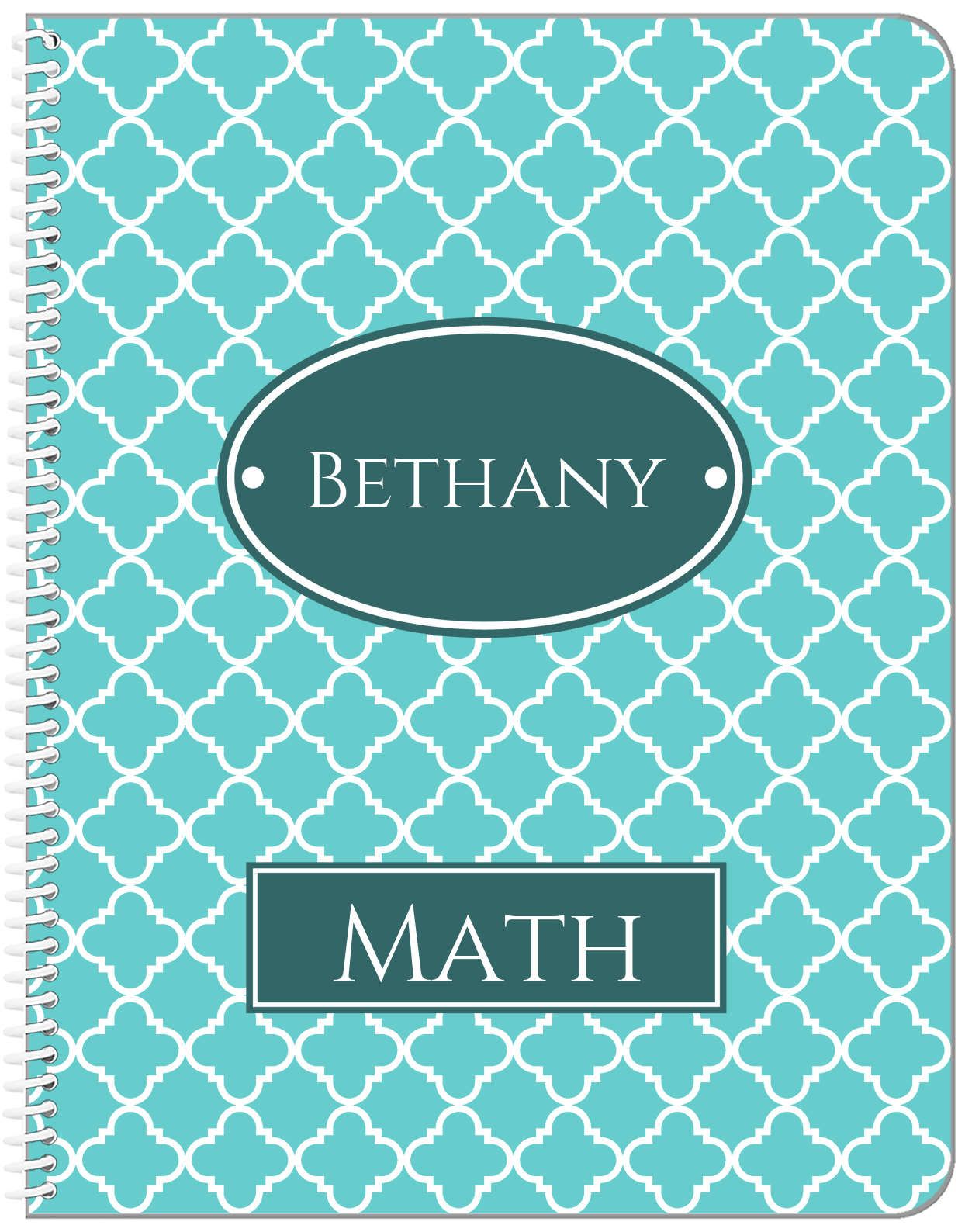 Personalized Quatrefoil Notebook - Teal and White - Oval Nameplate - Front View