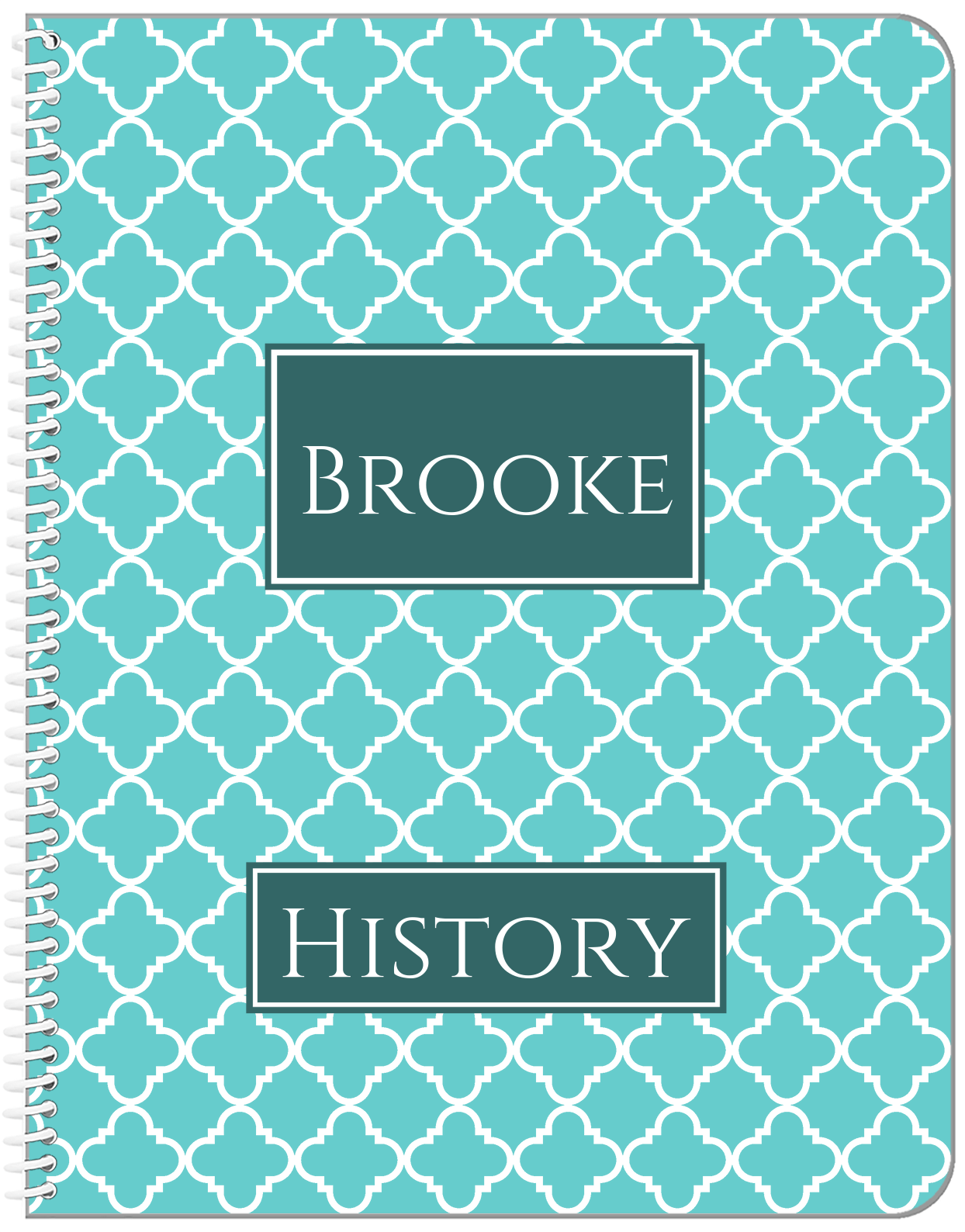 Personalized Quatrefoil Notebook - Teal and White - Rectangle Nameplate - Front View