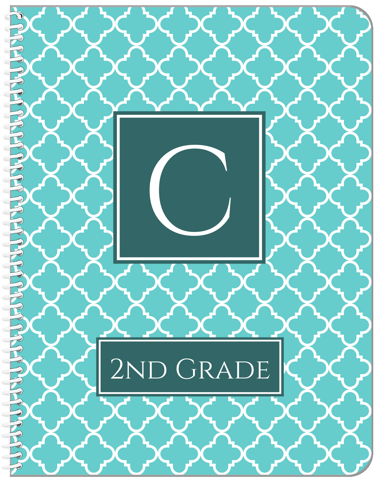 Personalized Quatrefoil Notebook - Teal and White - Square Nameplate - Front View