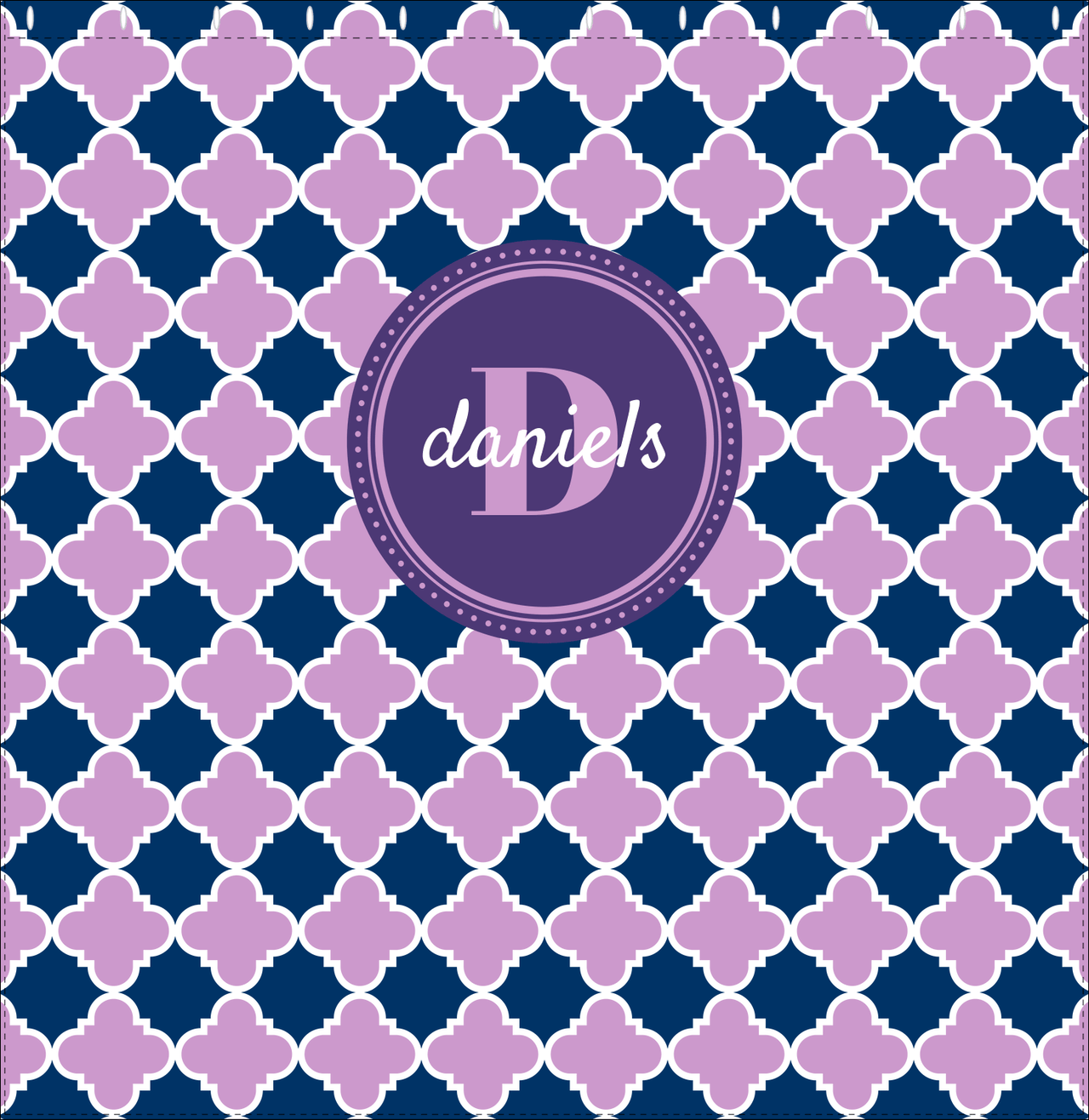 Personalized Quatrefoil Shower Curtain - Lilac and Navy - Circle Nameplate - Decorate View