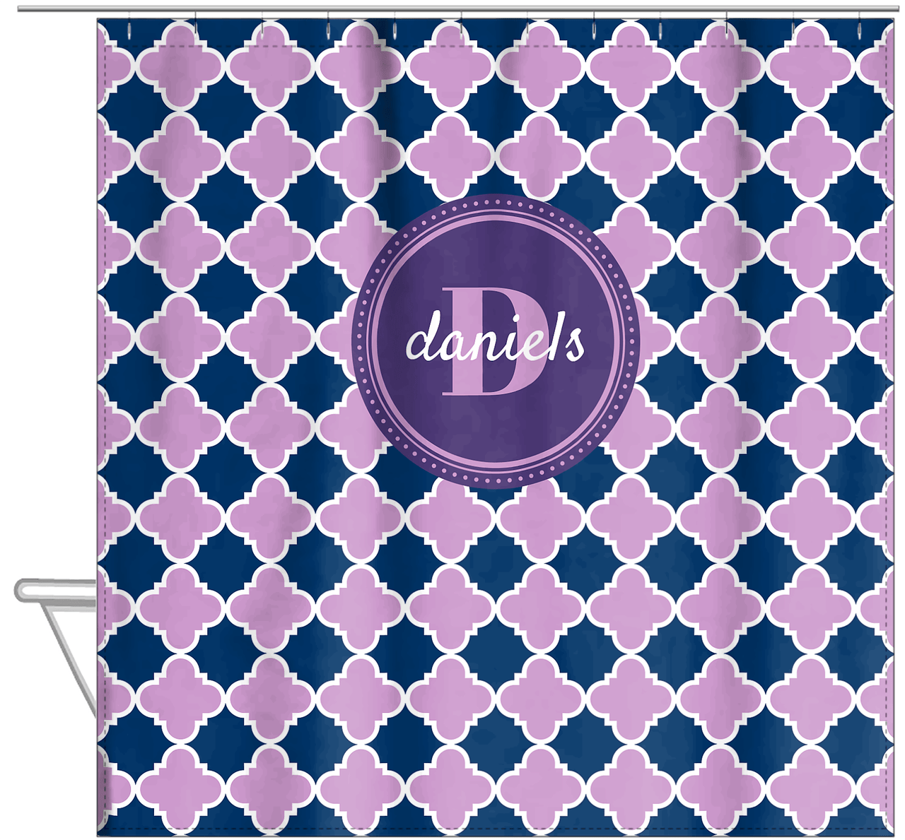 Personalized Quatrefoil Shower Curtain - Lilac and Navy - Circle Nameplate - Hanging View
