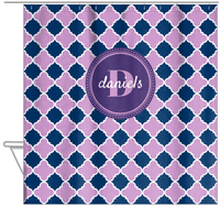 Thumbnail for Personalized Quatrefoil Shower Curtain - Lilac and Navy - Circle Nameplate - Hanging View