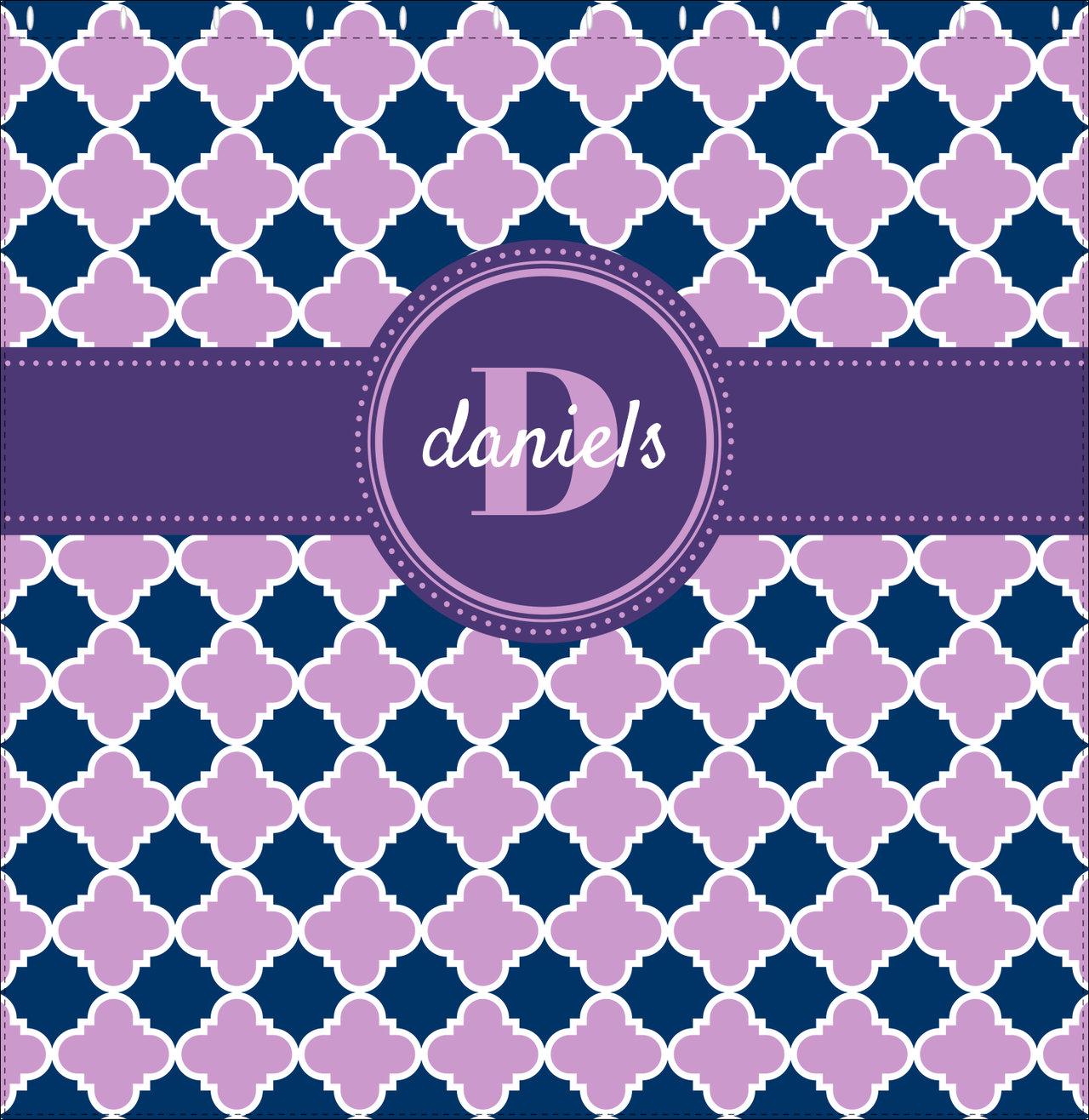 Personalized Quatrefoil Shower Curtain - Lilac and Navy - Circle Ribbon Nameplate - Decorate View