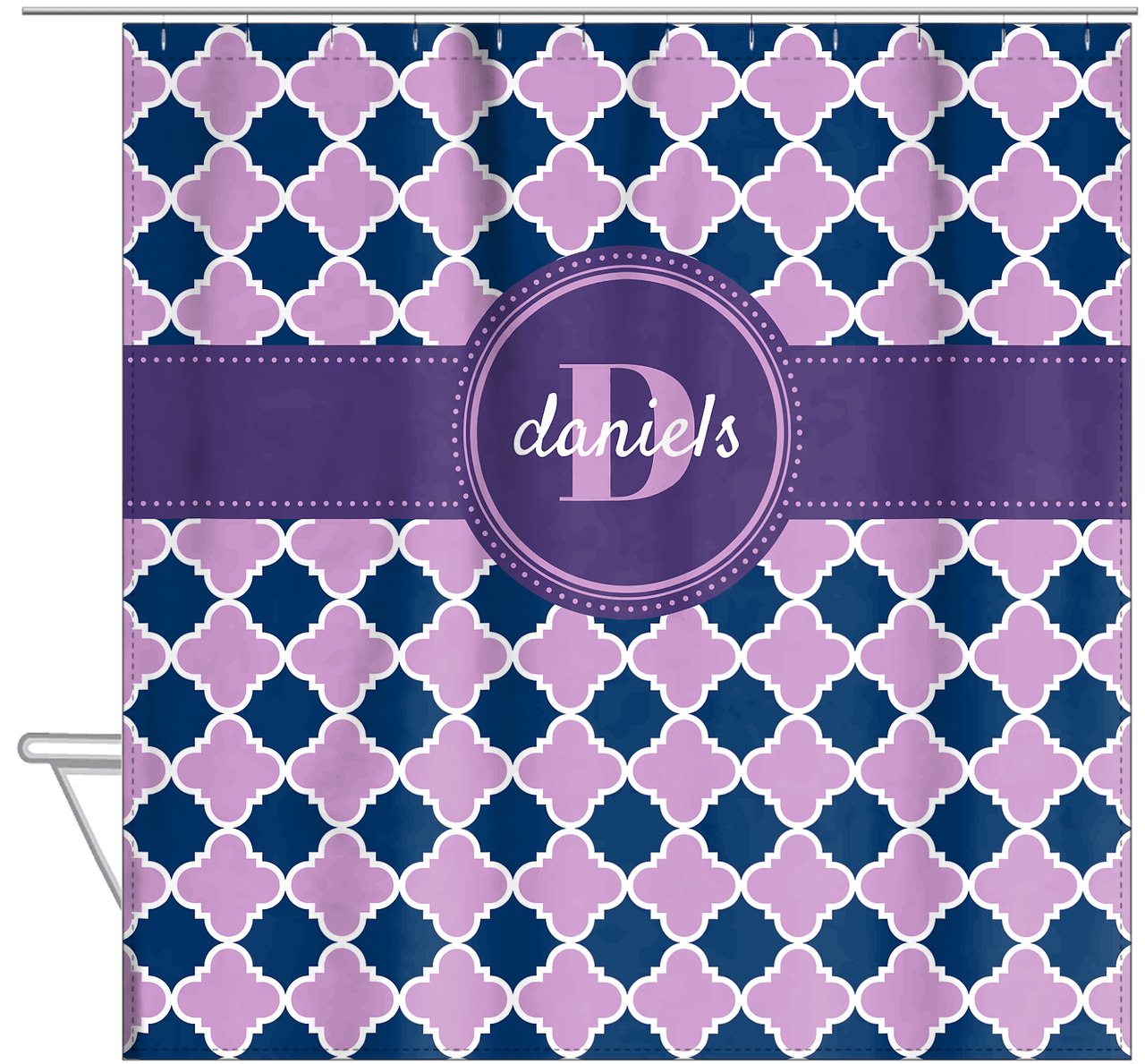 Personalized Quatrefoil Shower Curtain - Lilac and Navy - Circle Ribbon Nameplate - Hanging View