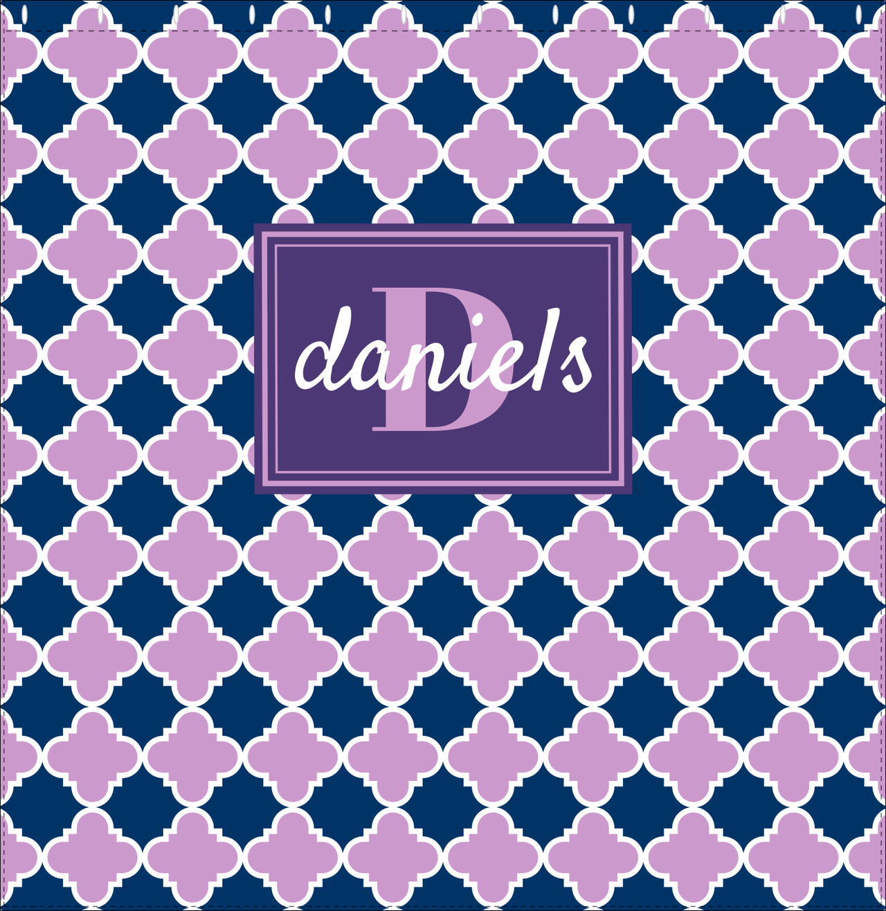 Personalized Quatrefoil Shower Curtain - Lilac and Navy - Rectangle Nameplate - Decorate View