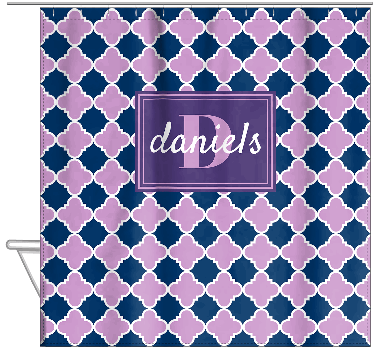 Personalized Quatrefoil Shower Curtain - Lilac and Navy - Rectangle Nameplate - Hanging View