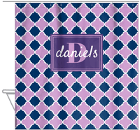 Thumbnail for Personalized Quatrefoil Shower Curtain - Lilac and Navy - Rectangle Nameplate - Hanging View