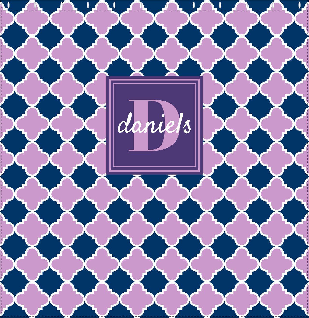 Personalized Quatrefoil Shower Curtain - Lilac and Navy - Square Nameplate - Decorate View